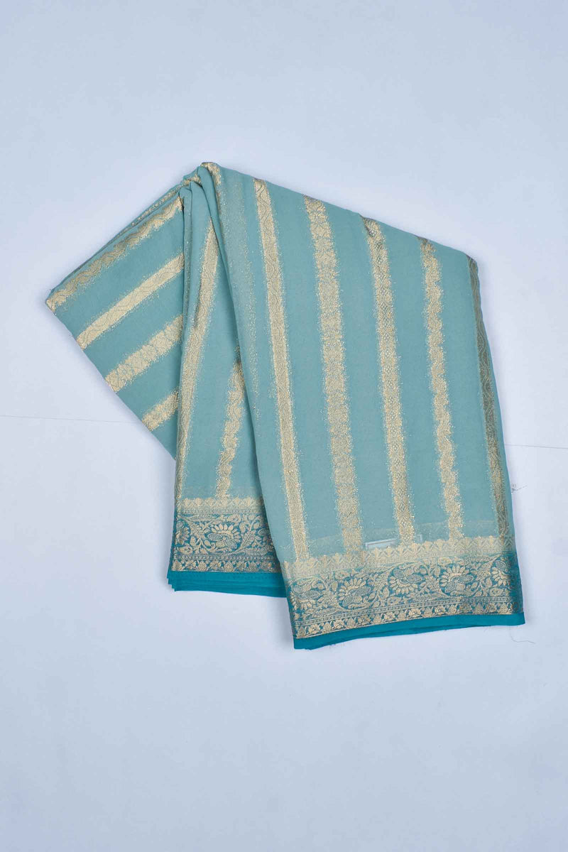 Light Blue Georgette Gold Stripes Saree