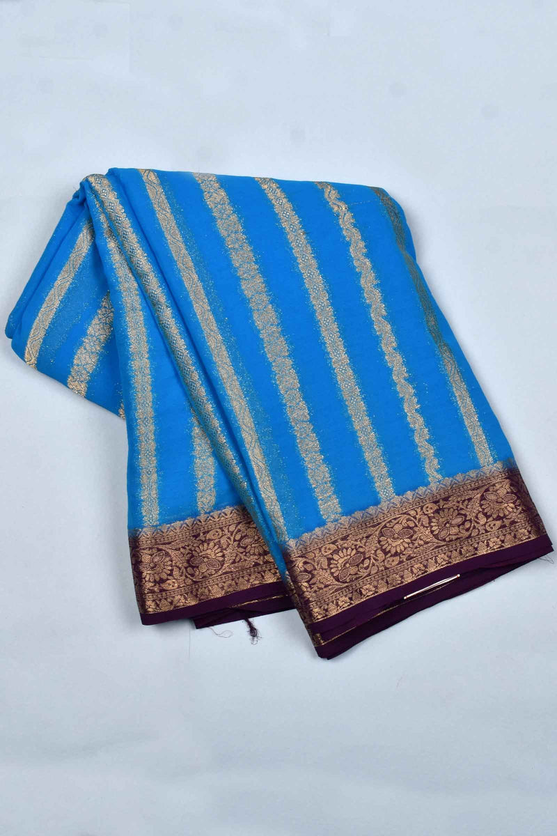 Azure Blue Georgette Gold Stripes Contrast Pallu Saree