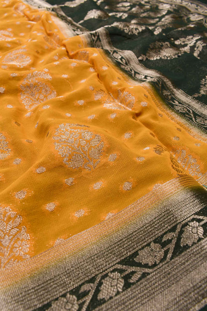 Yellow Georgette Mango Butta Contrast Pallu Saree