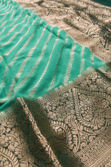 Green  Georgette Gold Stripes Contrast Pallu Big Border Saree