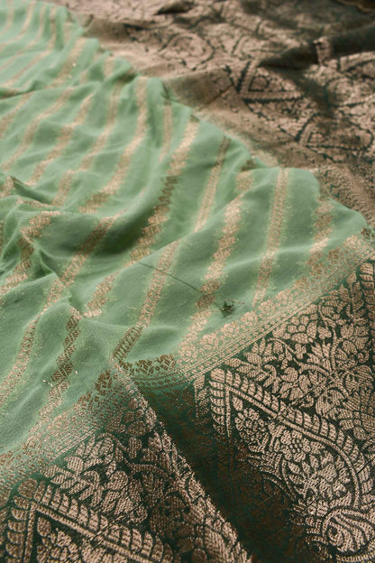 Light Green Georgette Gold Stripes Big Border Saree