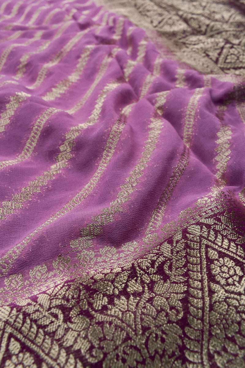 Light Violet Georgette Gold Stripes Big Border Saree