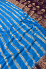 Azure Blue Georgette Gold Stripes Contrast Pallu Saree