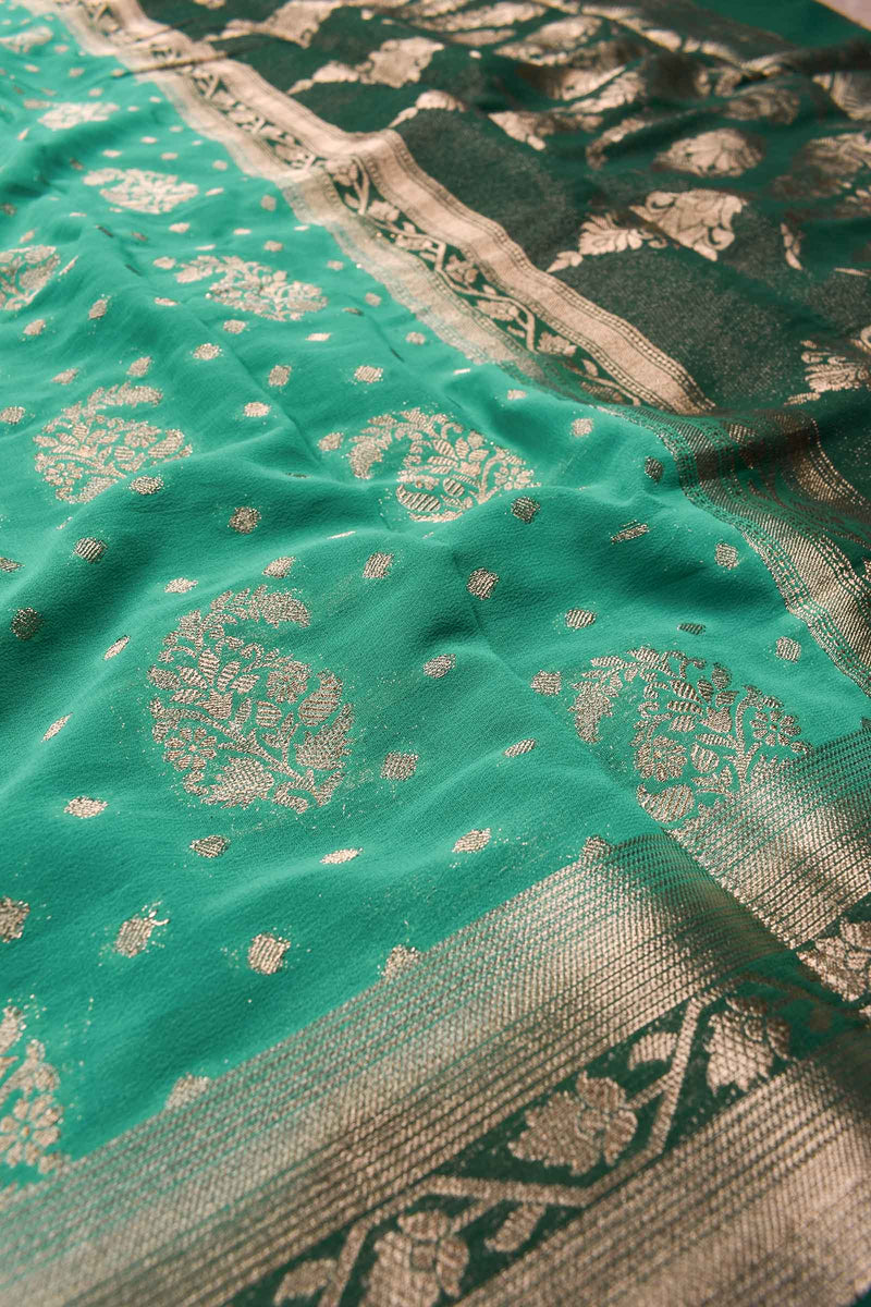 Green Georgette Mango Butta Contrast Pallu Saree