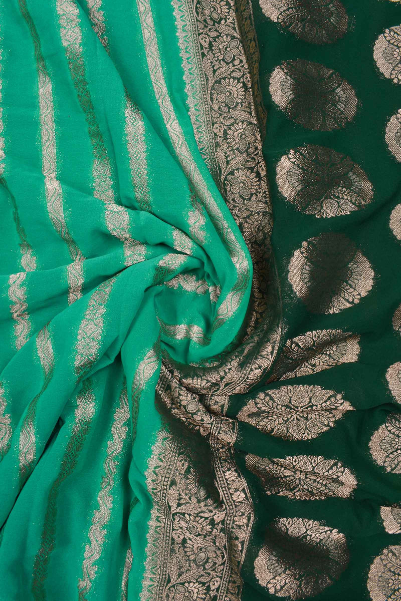 Green  Georgette Gold Stripes Contrast Pallu Saree