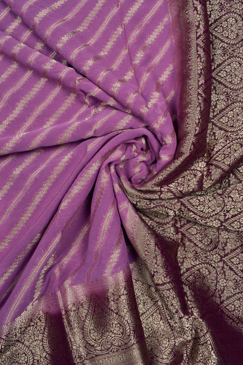 Light Violet Georgette Gold Stripes Big Border Saree