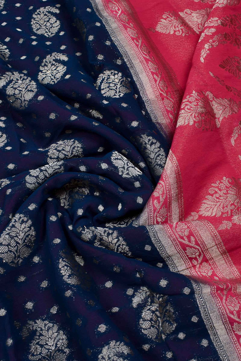 Navy Blue Georgette Mango Butta Contrast Pink Pallu Saree