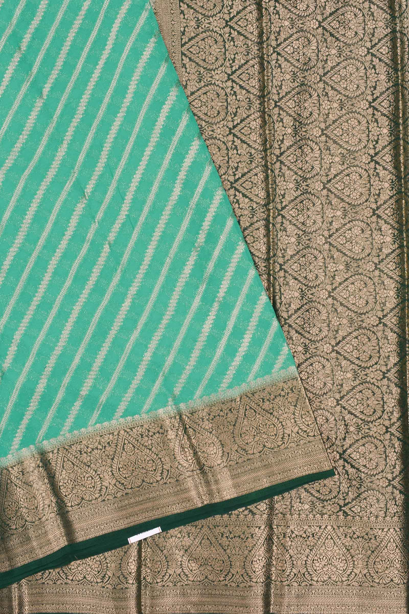 Green  Georgette Gold Stripes Contrast Pallu Big Border Saree