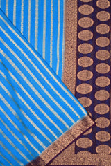 Azure Blue Georgette Gold Stripes Contrast Pallu Saree