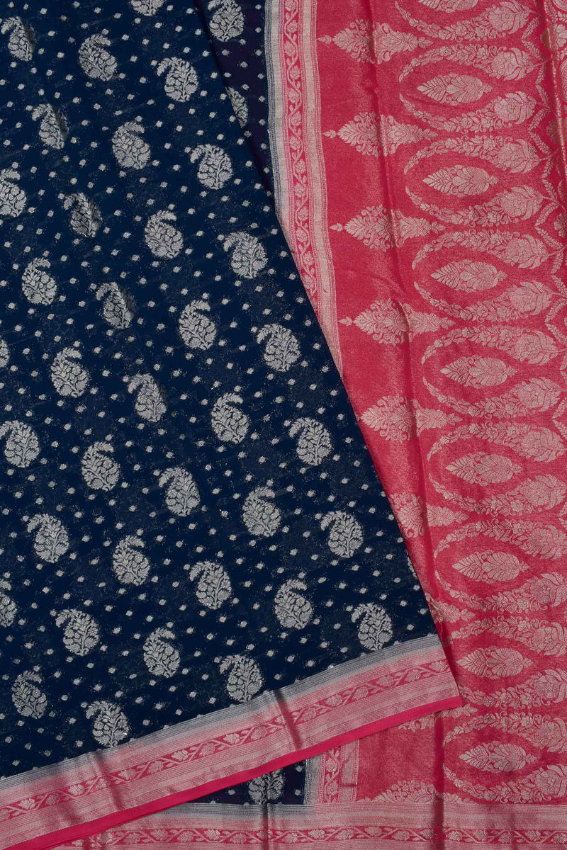 Navy Blue Georgette Mango Butta Contrast Pink Pallu Saree