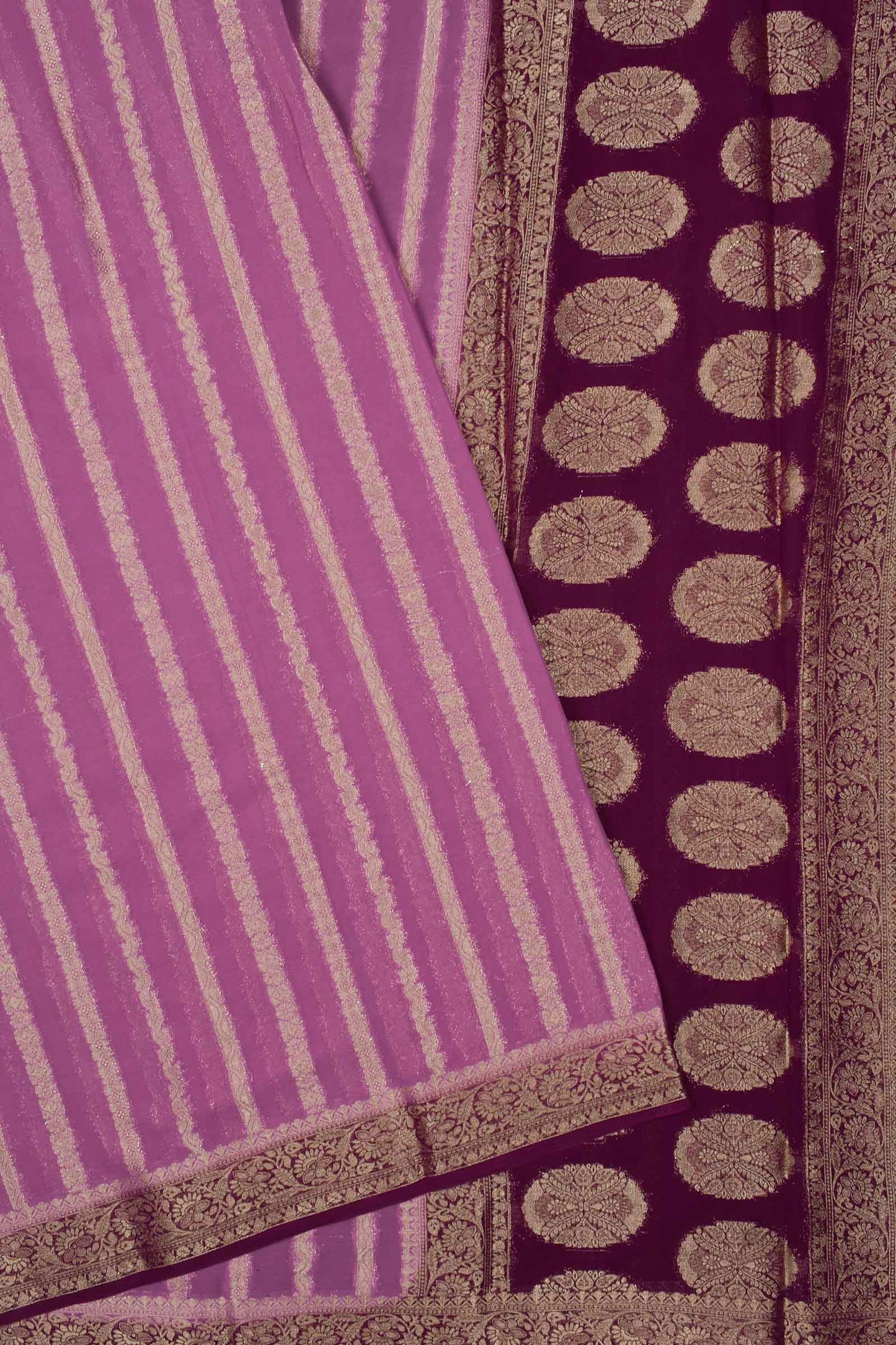 Light Violet Georgette Gold Stripes Contrast Pallu Saree