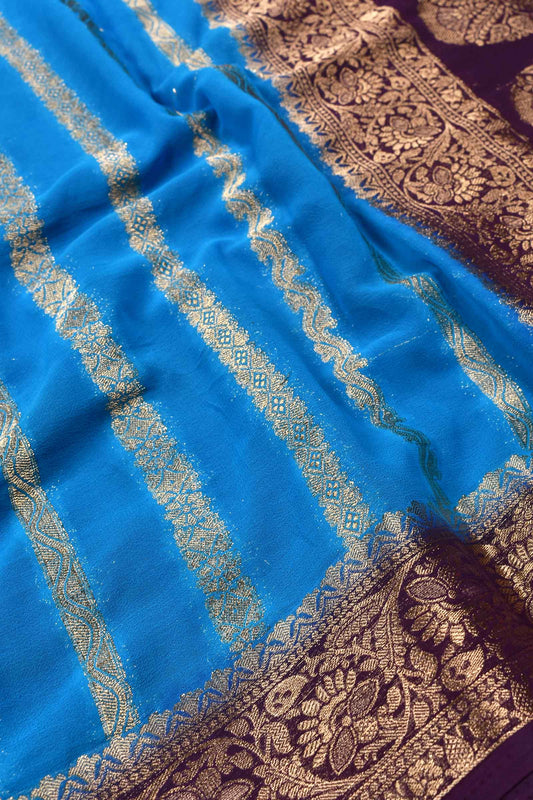 Azure Blue Georgette Gold Stripes Contrast Pallu Saree