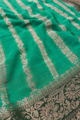 Green  Georgette Gold Stripes Contrast Pallu Saree