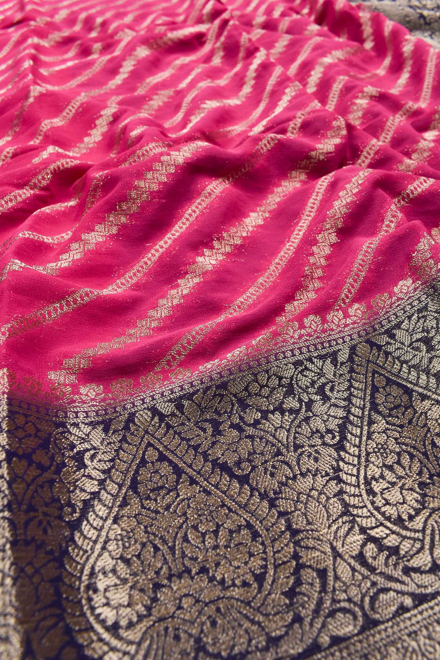 Pink Georgette Gold Stripes Contrast Pallu Big Border Saree