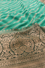 Green  Georgette Gold Stripes Contrast Pallu Big Border Saree