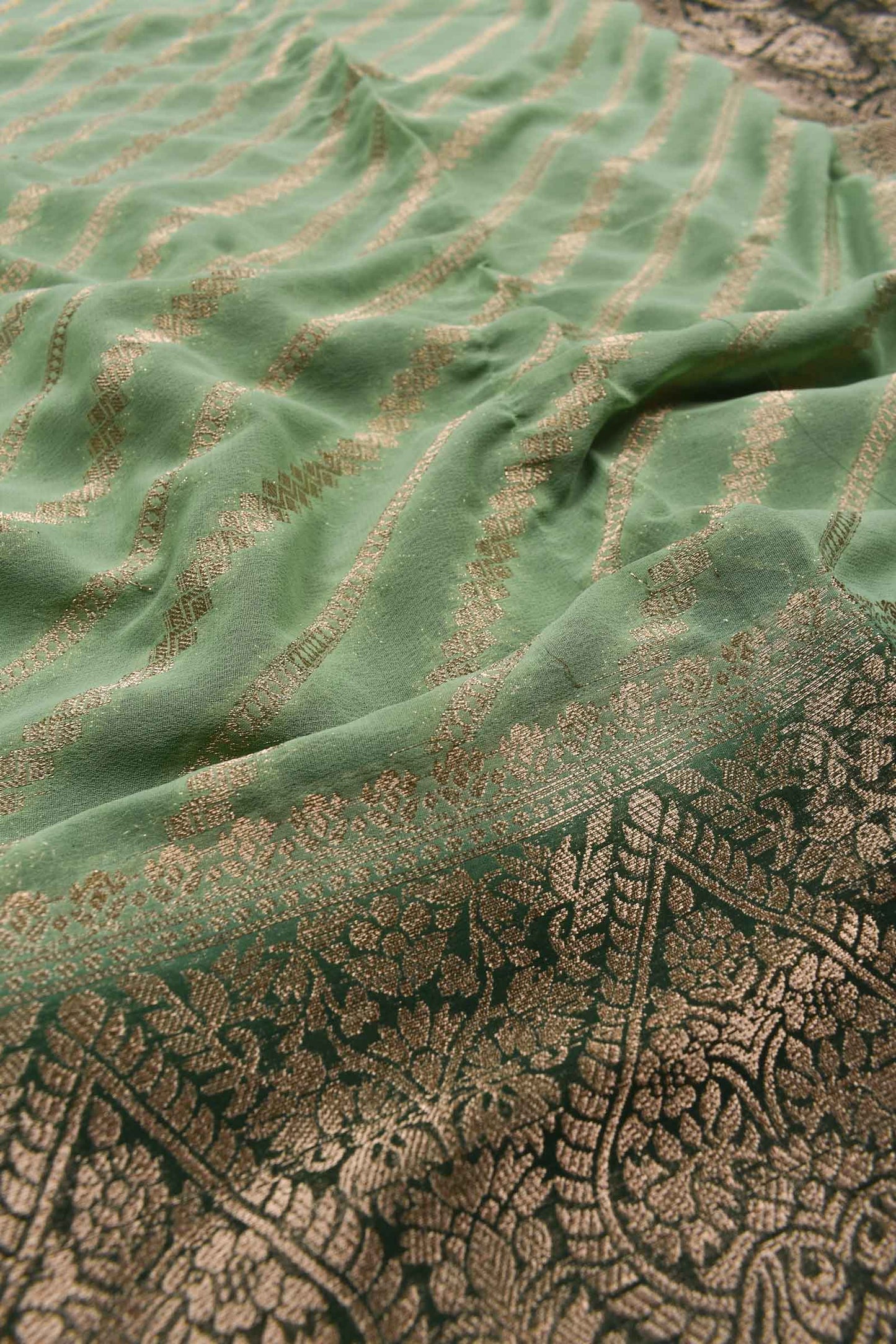 Light Green Georgette Gold Stripes Big Border Saree