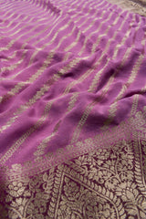 Light Violet Georgette Gold Stripes Big Border Saree