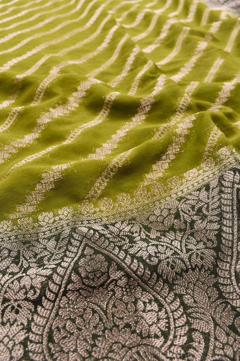 Olive Green Georgette Gold Stripes Contrast Pallu Saree