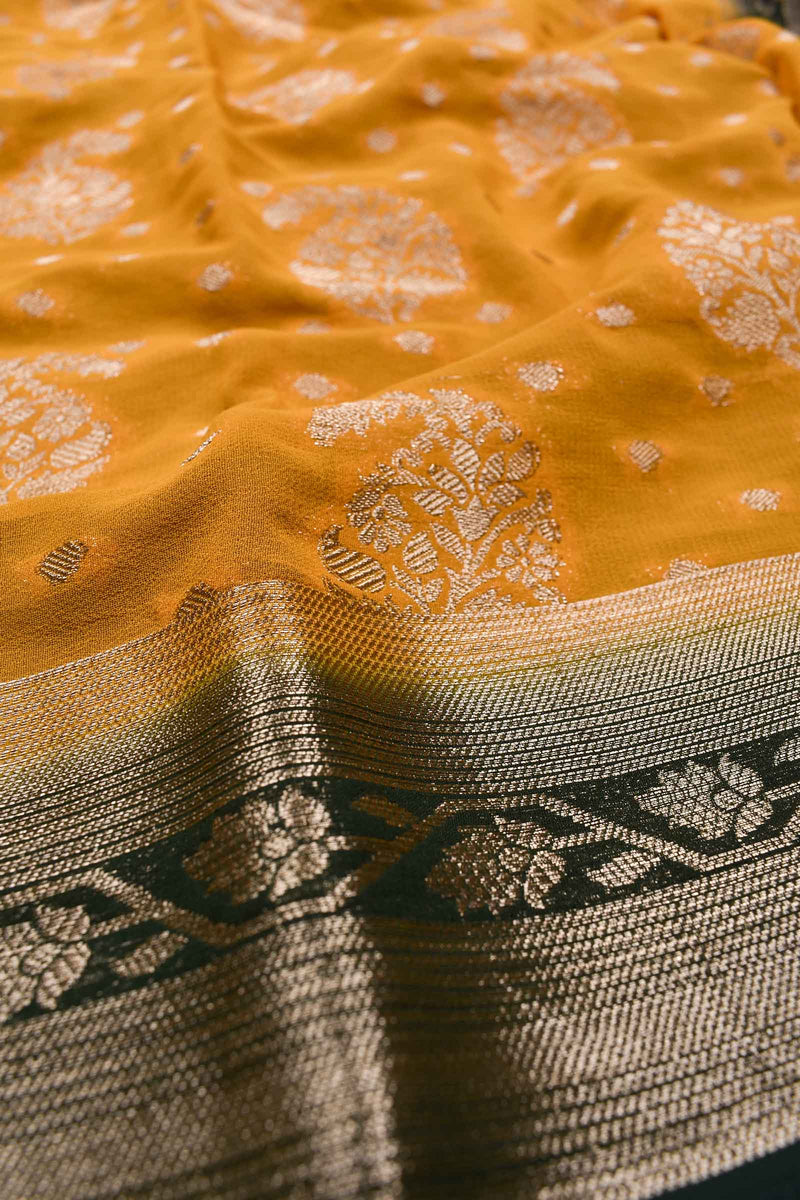 Yellow Georgette Mango Butta Contrast Pallu Saree