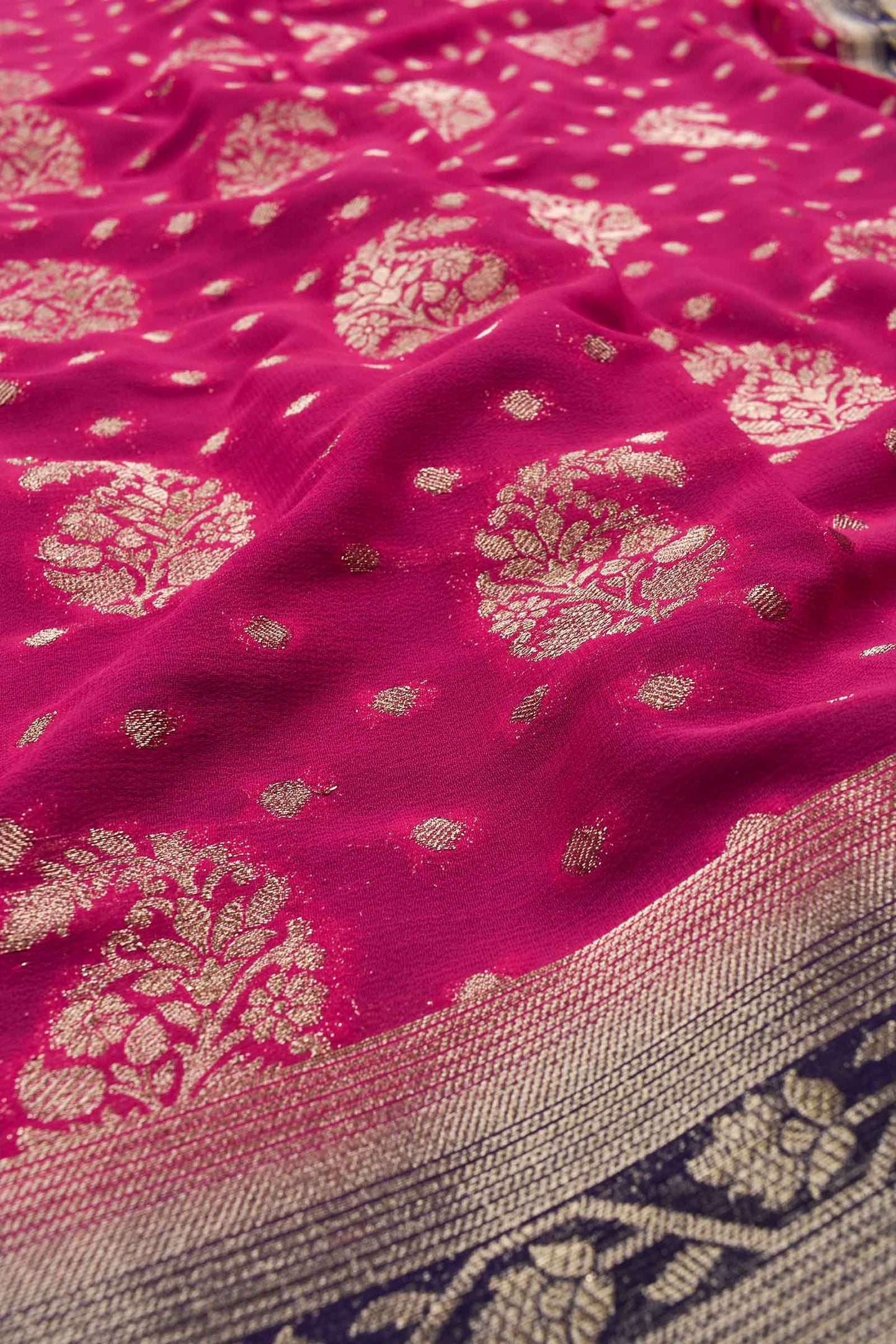 Hot Pink Georgette Gold Stripes Contrast Pallu Saree