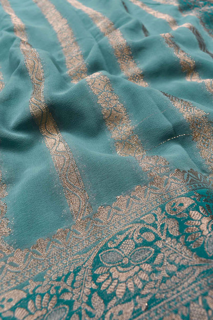 Light Blue Georgette Gold Stripes Saree