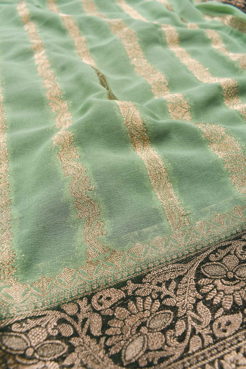 Light Green Georgette Gold Stripes Contrast Pallu Saree