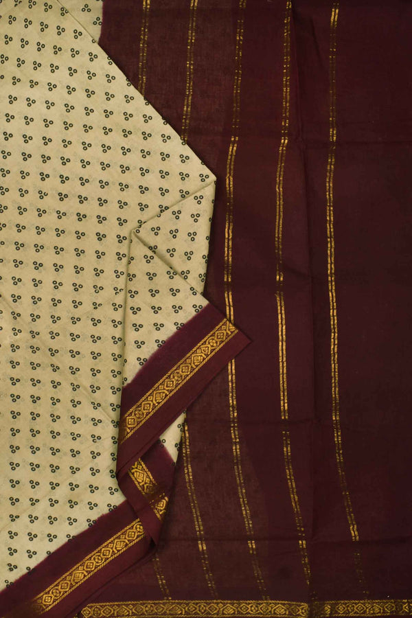 Light Brown Maroon Contrast Pure Cotton Jari Border Sungudi Print Saree