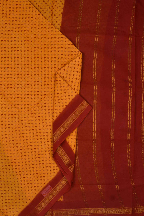 Yellow Brown Contrast Pure Cotton Jari Border Sungudi Print Saree