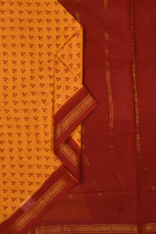 Yellow Brown Contrast Pure Cotton Slanting Line Jari Border Sungudi Print Saree