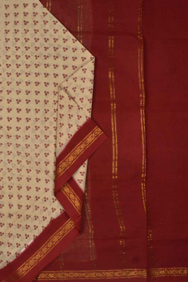 Sandal Red Contrast Pure Cotton Jari Border Sungudi Print Saree