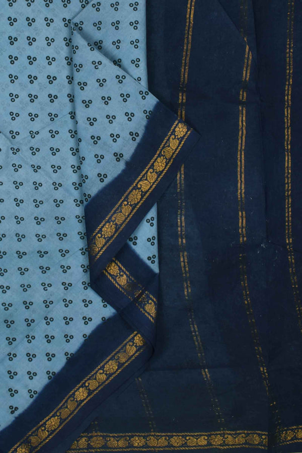 Light Blue Dark Blue Contrast Pure Cotton Jari Border Sungudi Print Saree