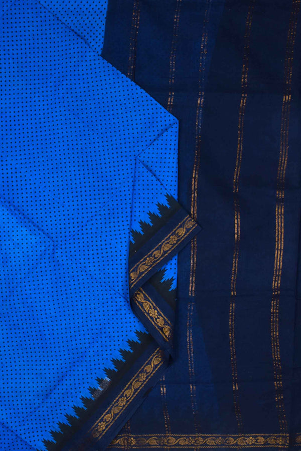Blue Dark Blue Contrast Pure Cotton Jari Border Sungudi Print Saree