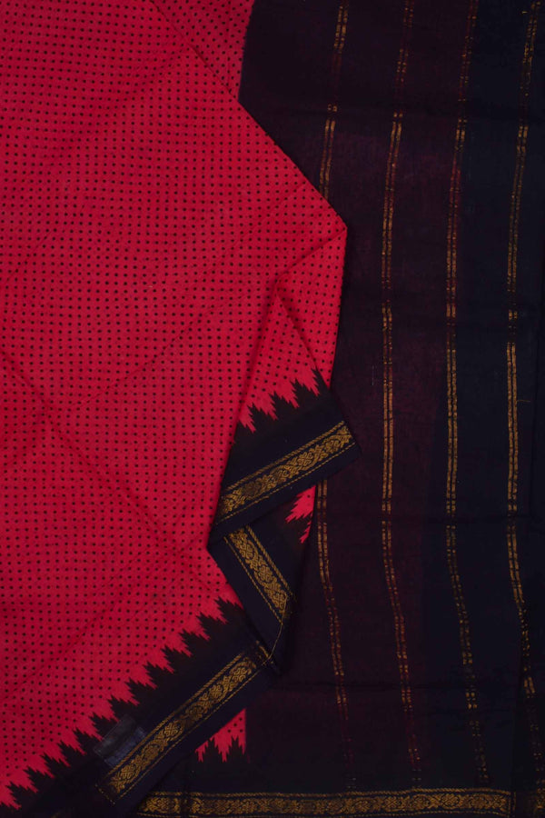 Pink Blue Contrast Pure Cotton Jari Border Sungudi Print Saree