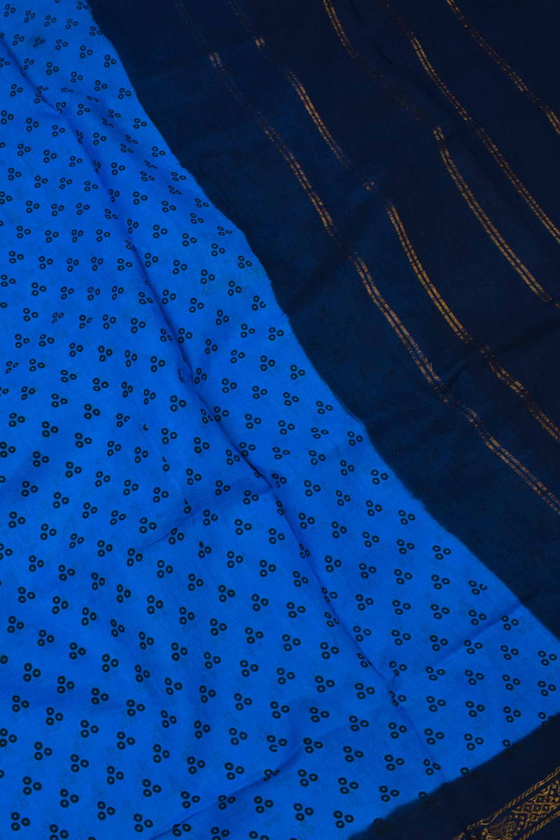 Blue Dark Blue Contrast Pure Cotton Jari Border Sungudi Print Saree