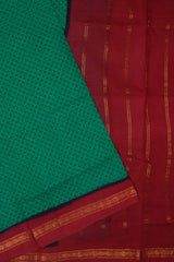 Green Red Contrast Pure Cotton Jari Border Sungudi Print Saree