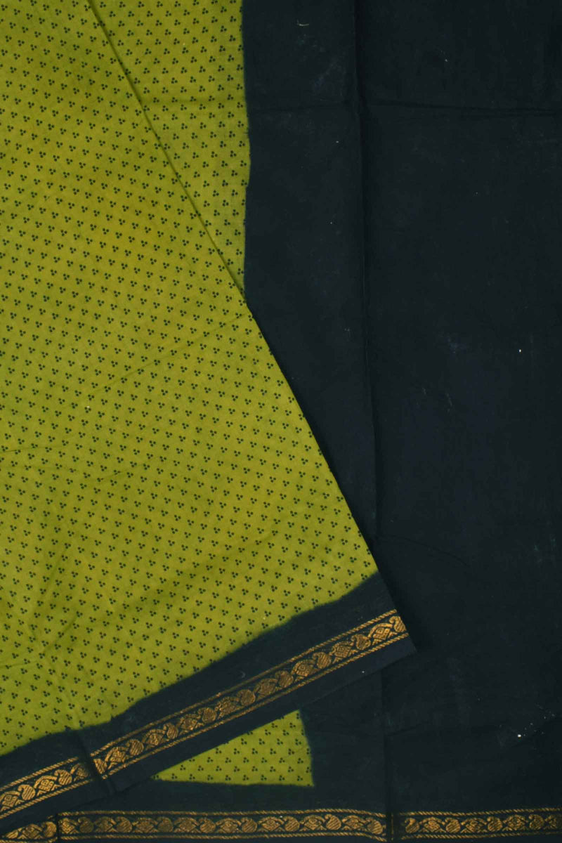 Green Black Contrast Pure Cotton Jari Border Sungudi Print Saree