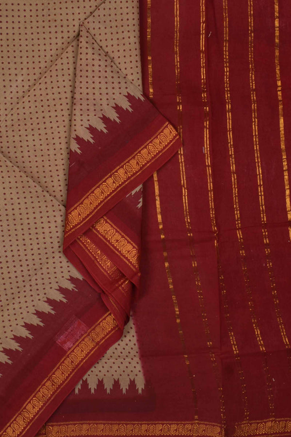 Light Brown Maroon Contrast Pure Cotton Jari Border Sungudi Print Saree