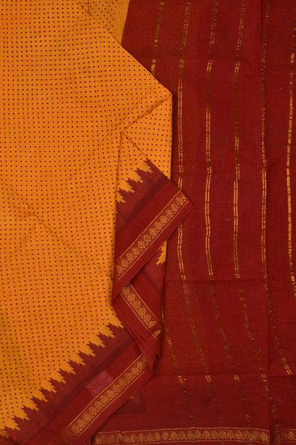 Yellow Red Contrast Pure Cotton Jari Border Sungudi Print Saree