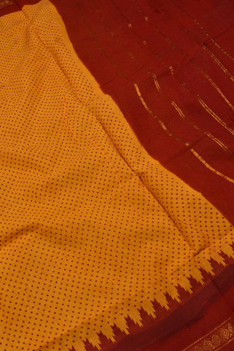 Yellow Red Contrast Pure Cotton Jari Border Sungudi Print Saree