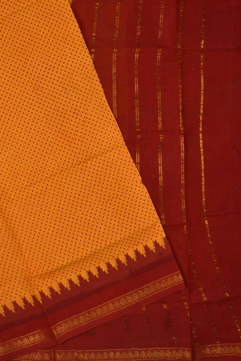 Yellow Red Contrast Pure Cotton Jari Border Sungudi Print Saree