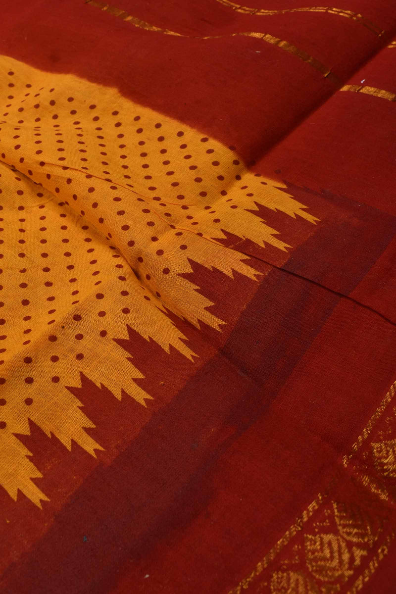 Yellow Red Contrast Pure Cotton Jari Border Sungudi Print Saree