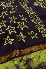 Black with Green Pure Cotton Star Printed Sungudi Saree