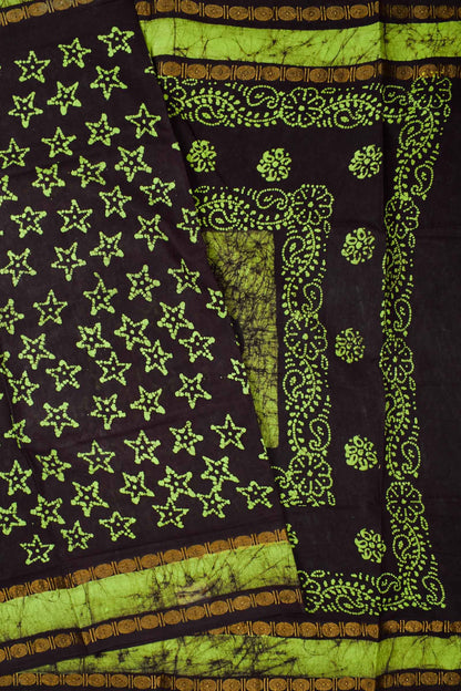 Black with Green Pure Cotton Star Printed Sungudi Saree