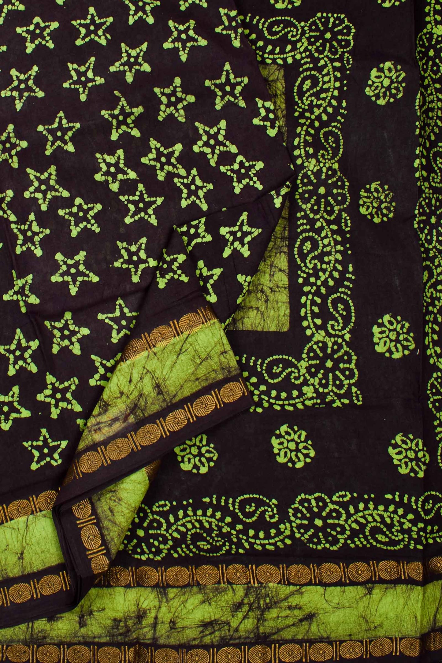 Black with Green Pure Cotton Star Printed Sungudi Saree