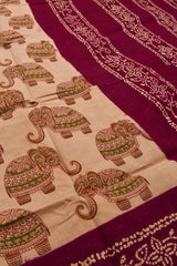 Light Brown Pure Cotton Elephant Printed Contrast Border Sungudi Saree