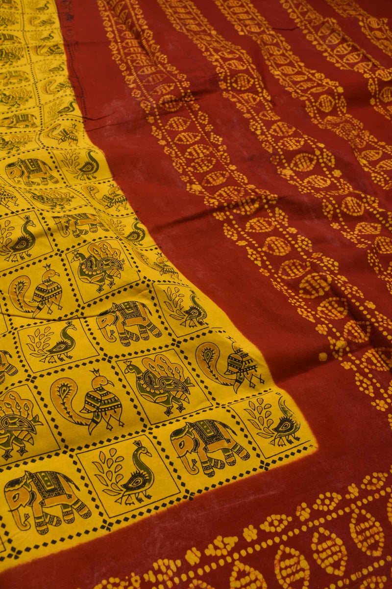 Yellow Pure Cotton Checkered Animalas Printed Sungudi Saree