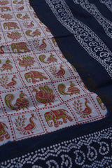 Grey with Blue Pure Cotton Checkered Animalas Printed Sungudi Saree