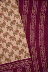 Light Brown Pure Cotton Elephant Printed Contrast Border Sungudi Saree