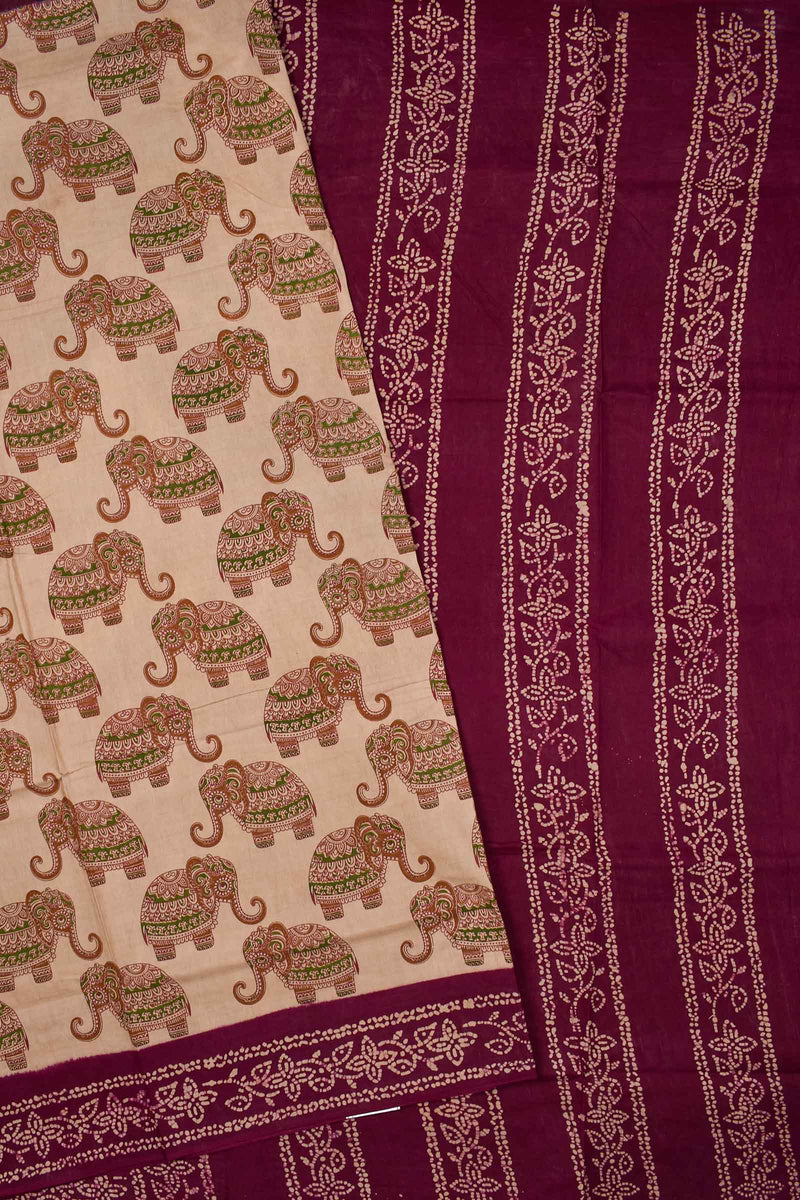 Light Brown Pure Cotton Elephant Printed Contrast Border Sungudi Saree