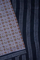 Grey with Blue Pure Cotton Checkered Animalas Printed Sungudi Saree